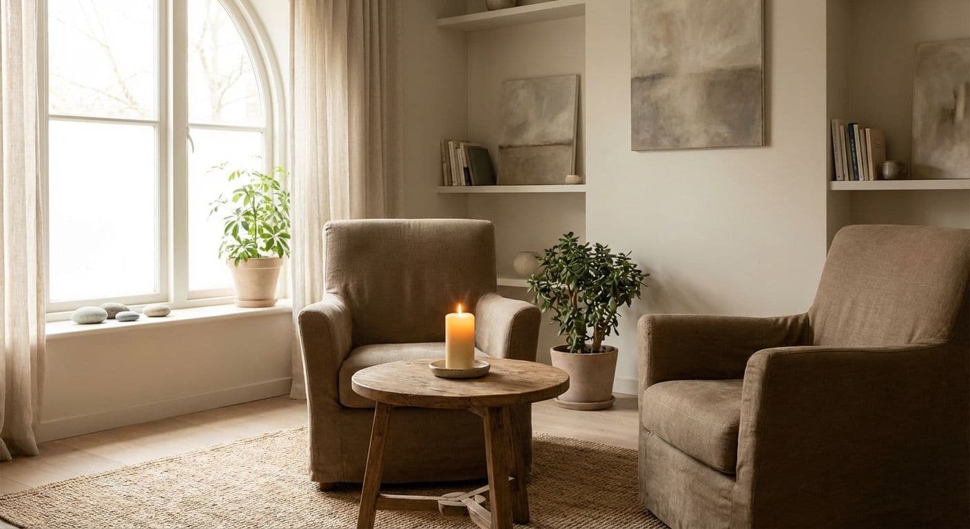 A quiet meeting space with two chairs facing each other, symbolizing a conversation about spiritual direction and therapy.