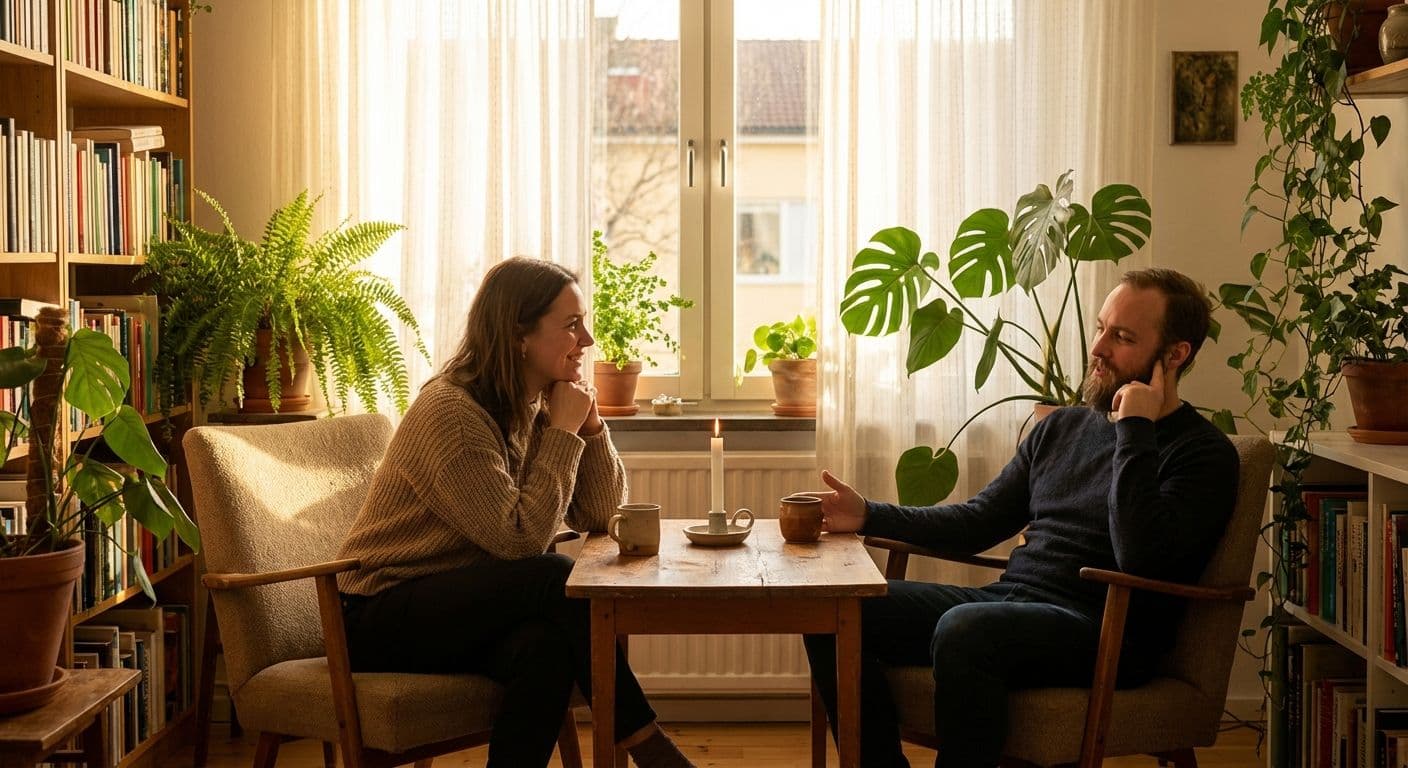 A person sitting quietly in prayerful reflection with a spiritual director in a calm, contemplative setting.