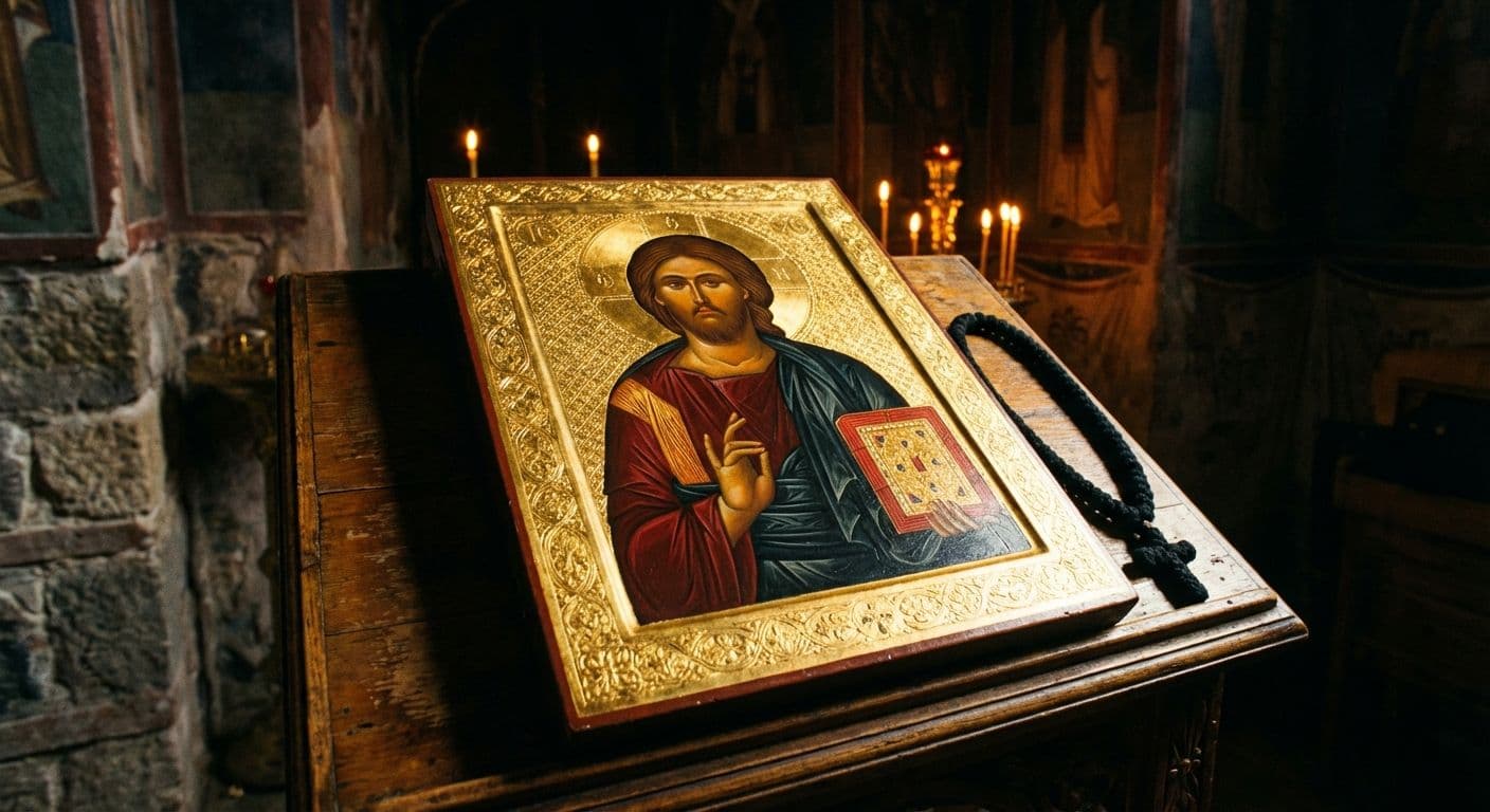An Orthodox prayer rope (chotki) resting on an open prayer book, symbolizing the practice of the Jesus Prayer.