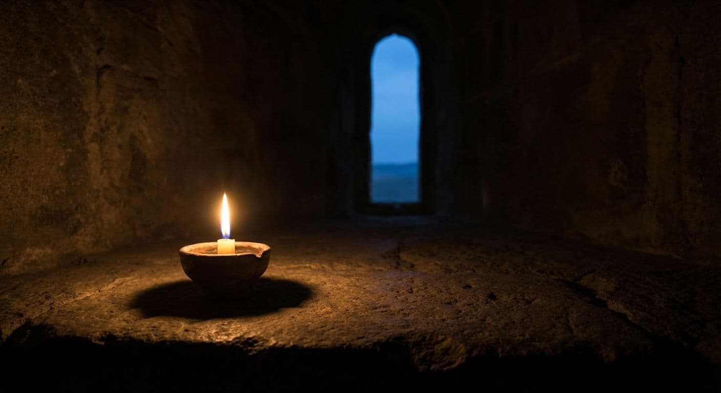 Icon-style image of St. John of the Cross, Carmelite mystic, writing in a dim prison cell illuminated by a small window.