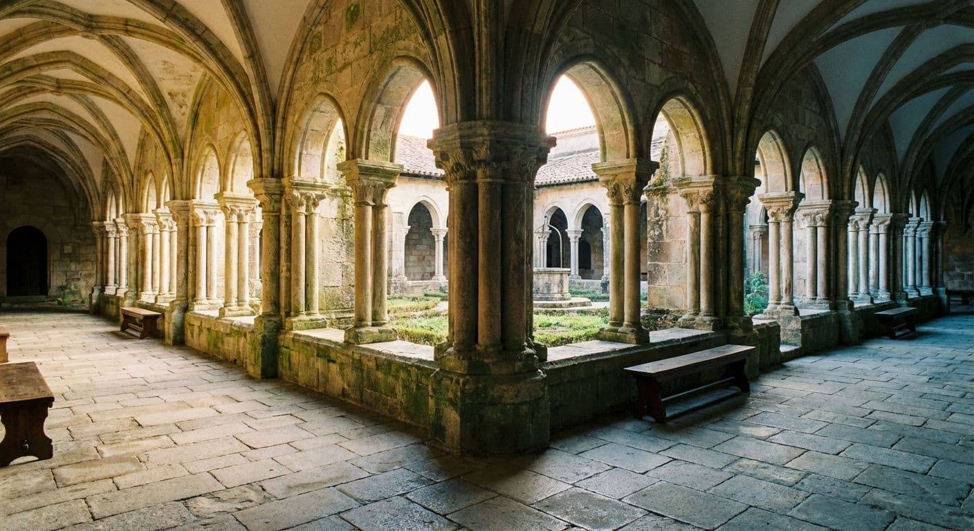 A quiet Benedictine monastery chapel with soft light illuminating a prayer book and lit candles, symbolizing stability, listening, and the Daily Office.