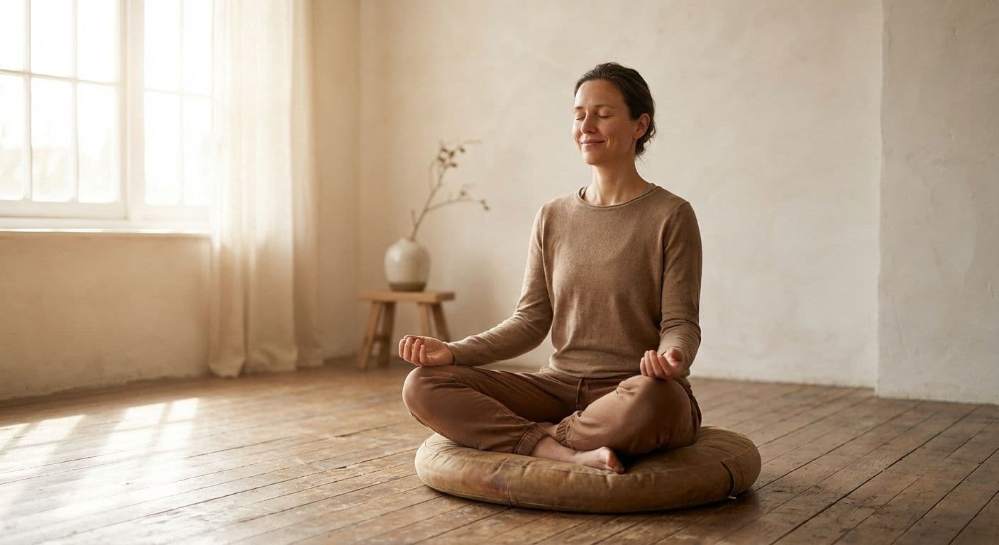 A person sitting quietly in silent prayer in a simple, contemplative space.