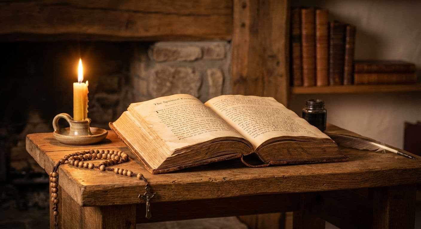St. Ignatius of Loyola in prayer, holding a book of the Spiritual Exercises