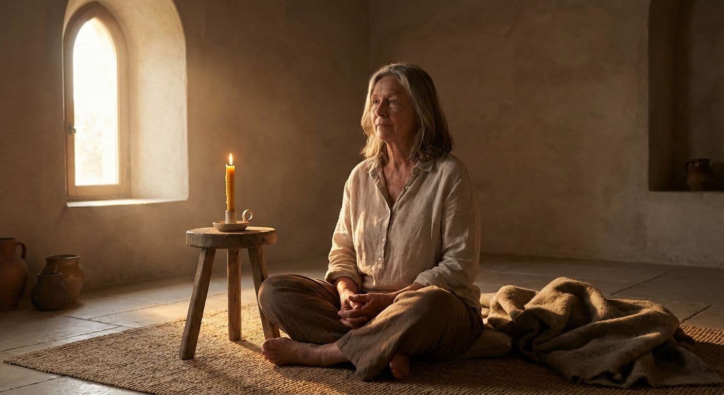 A person sitting quietly in prayerful silence before a simple candle, symbolizing contemplative prayer and spiritual direction.