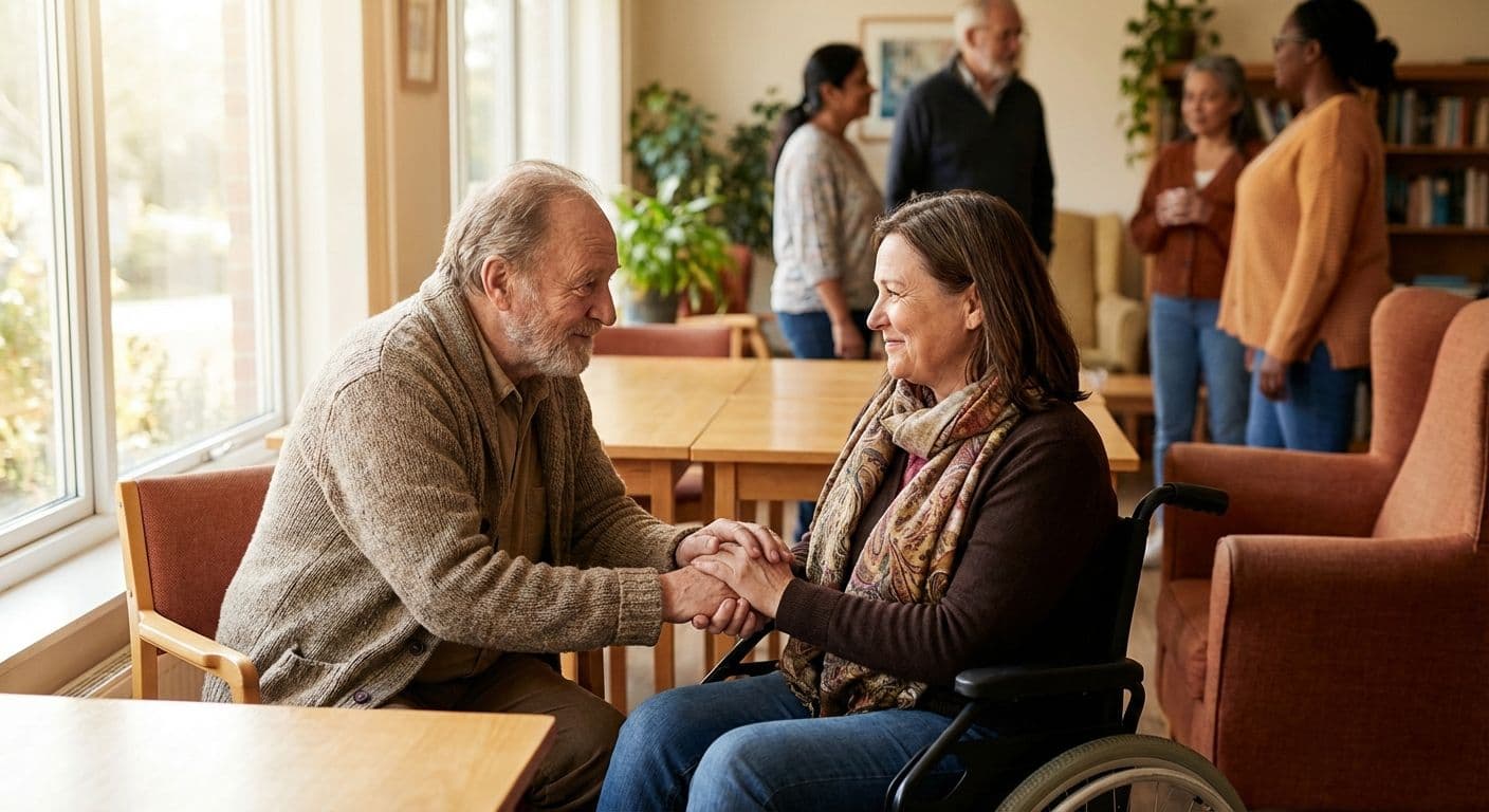 Henri Nouwen smiling gently, seated and speaking with a small group in an intimate setting
