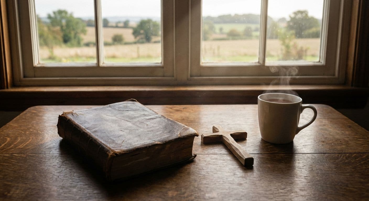 A clergy member sitting in quiet prayer with a spiritual director in a simple, peaceful room.