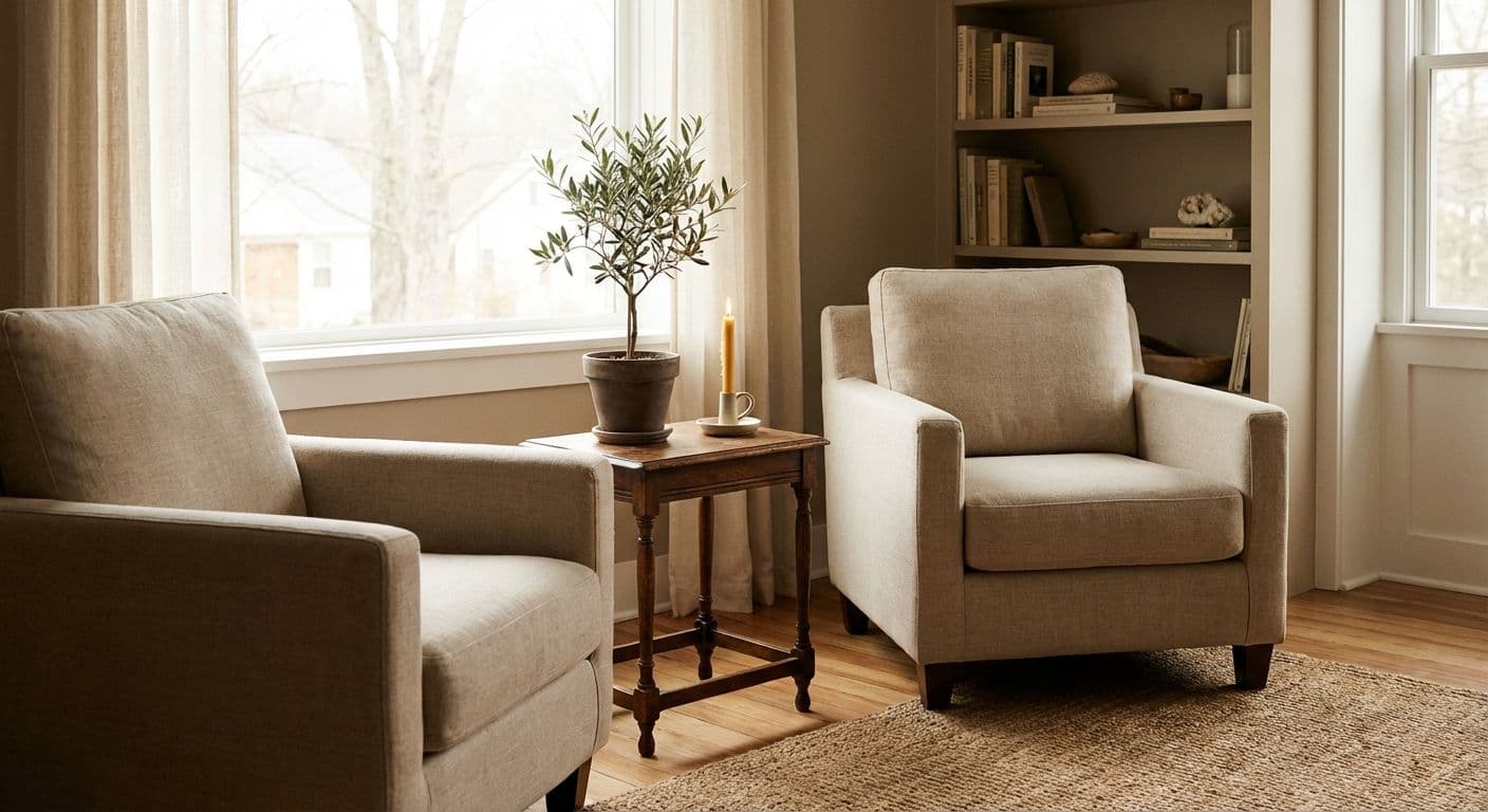 A quiet conversation between two people seated in comfortable chairs near a window, suggesting a peaceful spiritual direction session.