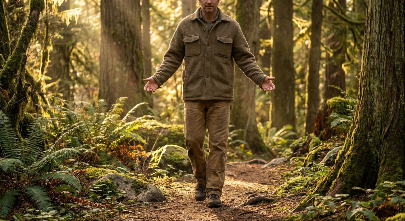 A simple Franciscan-style scene of nature with sunlight filtering through trees, symbolizing finding God in creation and simplicity.