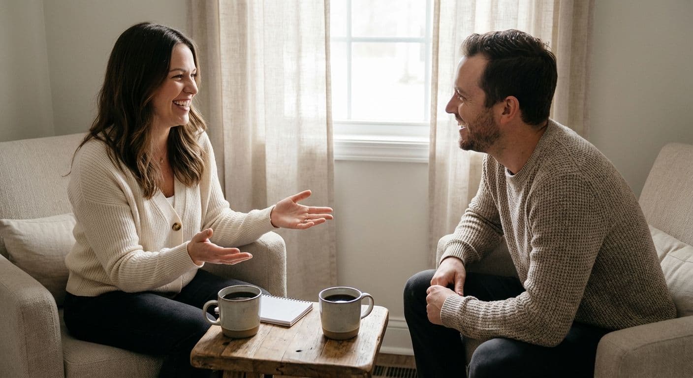 Person in quiet conversation with a spiritual director in a peaceful room, symbolizing the cost and accessibility of spiritual direction.
