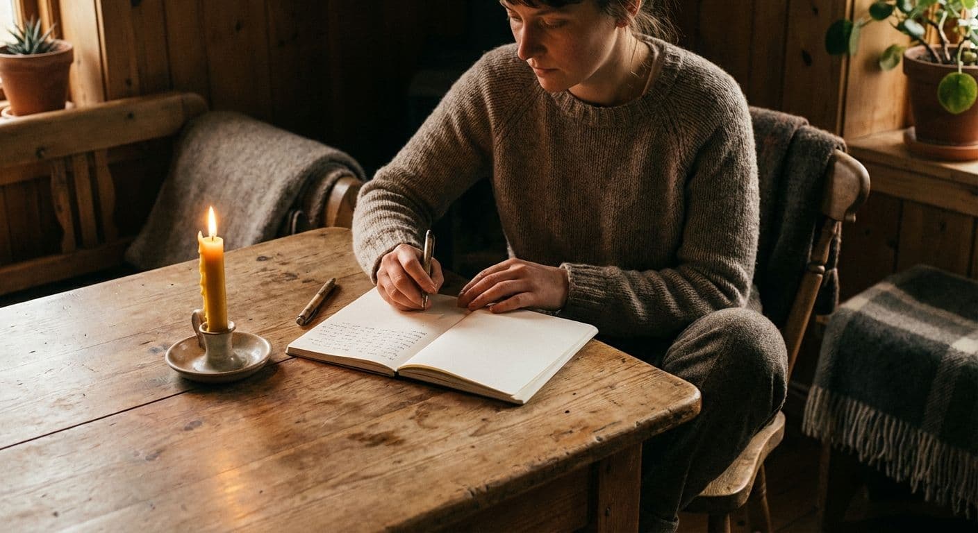 A person quietly praying with a journal and candle, symbolizing the Ignatian Daily Examen.
