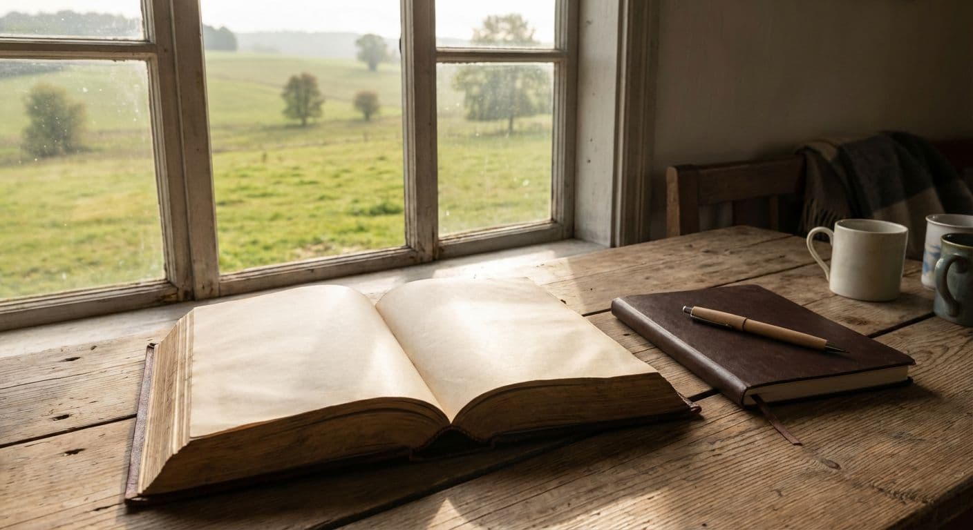 An evangelical Christian praying with an open Bible and journal, symbolizing spiritual direction and attentive listening to God.